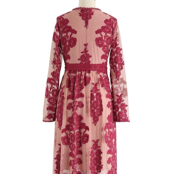 Chicwish V-Neck Floral Embroidered Mesh Maxi Dress in Wine - Picture 9 of 9